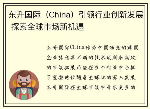 东升国际（China）引领行业创新发展 探索全球市场新机遇
