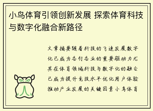 小鸟体育引领创新发展 探索体育科技与数字化融合新路径