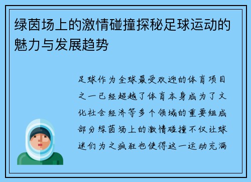 绿茵场上的激情碰撞探秘足球运动的魅力与发展趋势